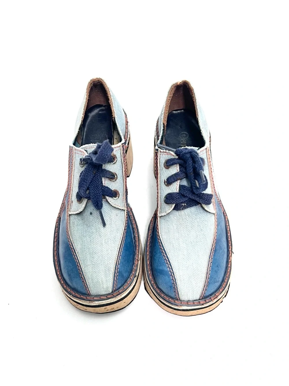 Vintage 1970s blue denim and vegan leather lace up platform heeled disco oxfords